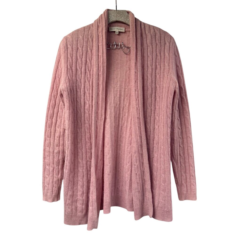 White + Warren 100% Cashmere Pink Sweater XS Open Front Cable Knit Cardigan